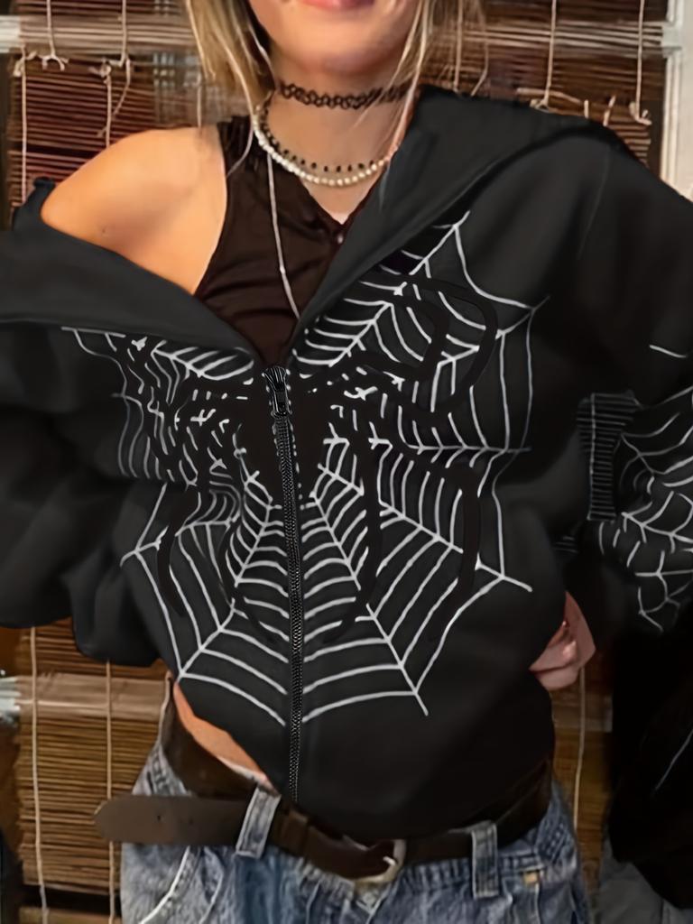 Y2K Fleece Hoodie für Damen – Spinnennetz-Print Lockerer Reißverschluss Kapuzen-Cardigan, Grunge Streetwear Oversized Sweatshirt weniger