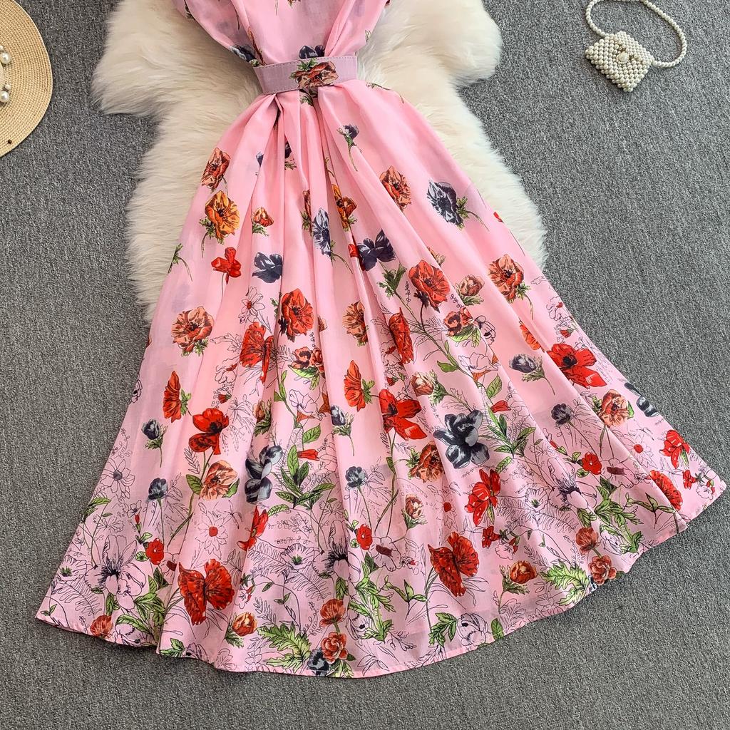 Summer Women Elegant Turn-down Collar Designer Print Long Midi Runway Party Shirt Dresses With Belt