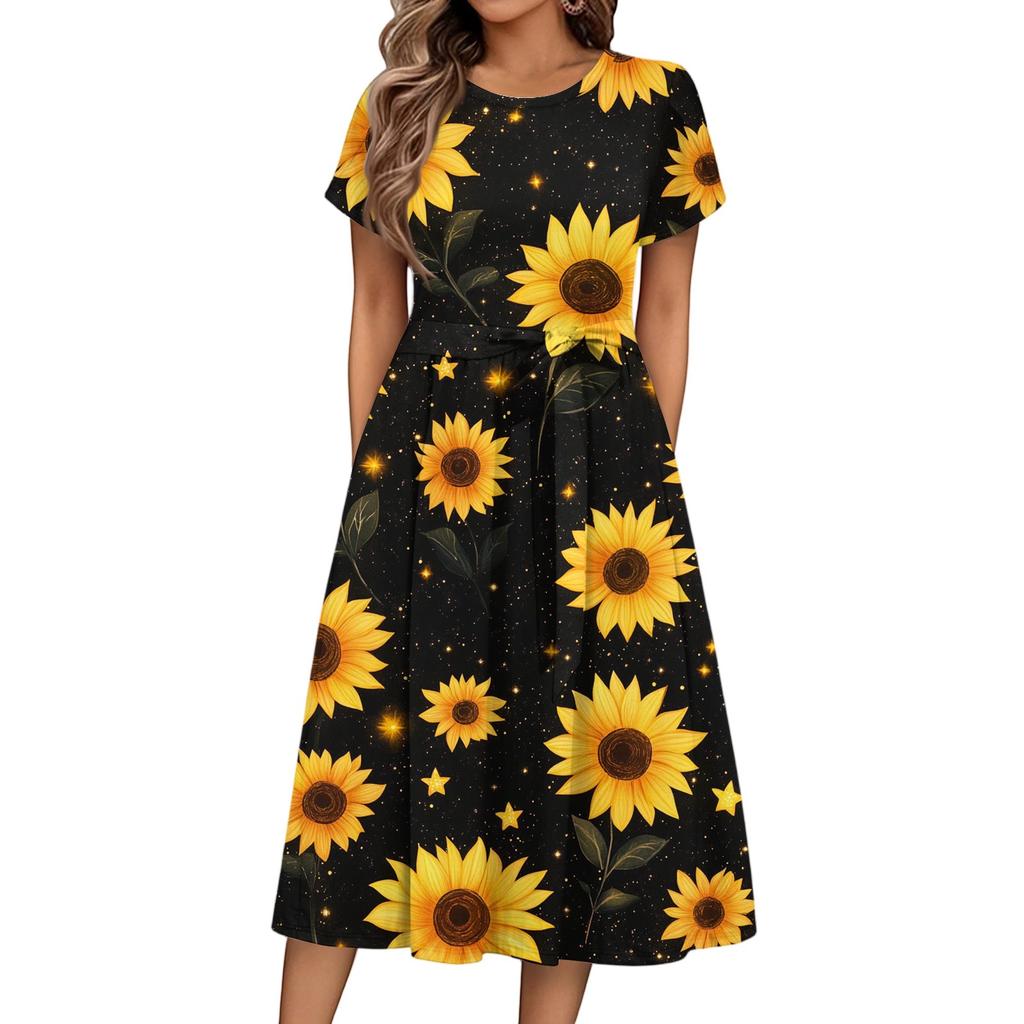 Women's Summer  Casual Floral Print  Round Neck Midi Dress Basic Classic Outdoor Everyday Short Sleeve Loose Dress