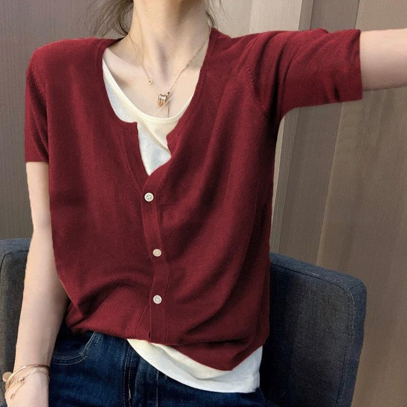 

DIMANAF 2024 летние женские свитера, пуловеры, топы, женские, с коротким рукавом, имитация двух частей, трикотажные, с круглым вырезом, базовые однотонные футболки, рубашка M чёрный