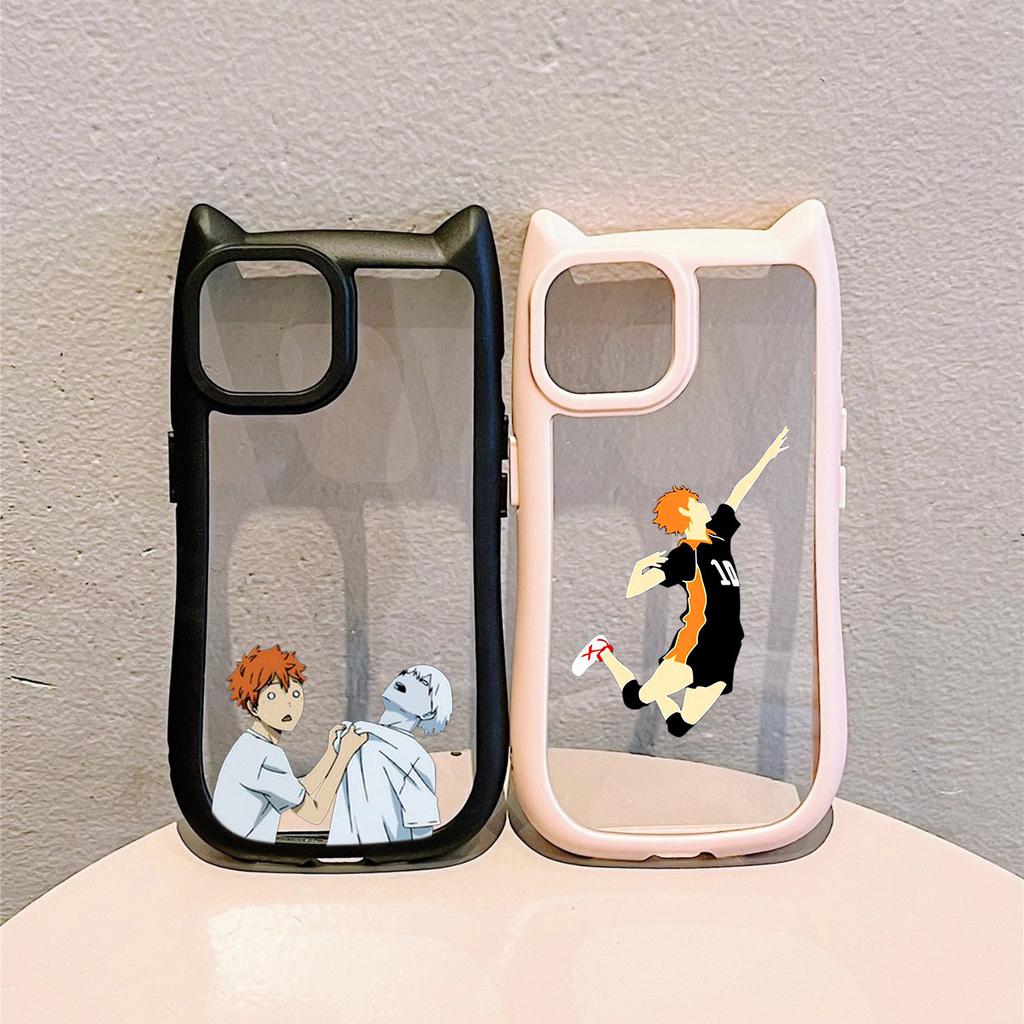 Soft Cat Ear Phone Cases for iPhone 16 15 13 12 11 Pro Max 14 Plus Silicone Anti-Drop Transparent Acrylic Back Cover N69 Anime Haikyuu X Reader Art