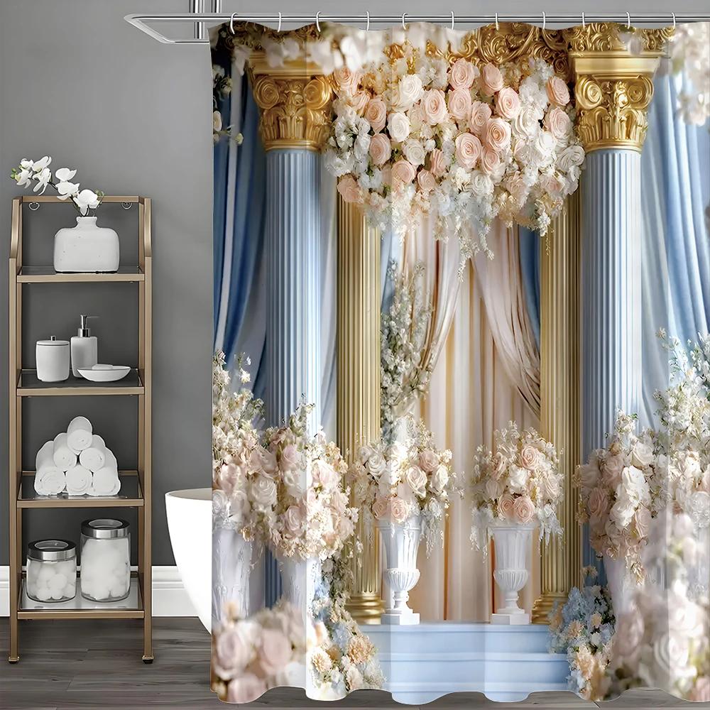 Textile Article Blue Palace Rose Floral Curtain Shower Curtain, Bathroom Decorative Shower Curtain, Waterproof Shower Curtain With Hooks
