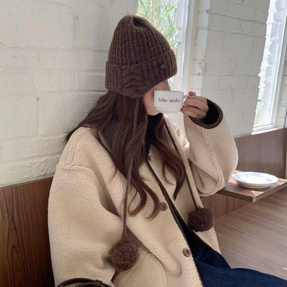 Thick Pom-pom Knit Cap Windproof Beanie Hats Kawaii Y2k Knitted Cap  Female
