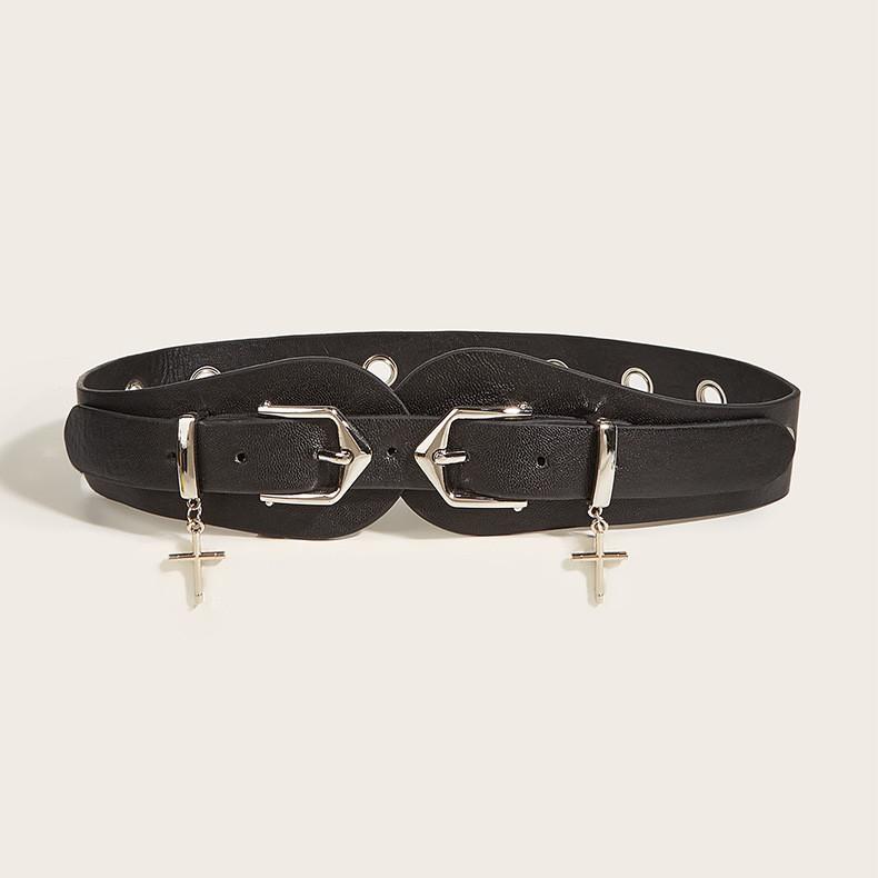 

Double Cross Buttoned Black Waist Belt Womens Material Leather