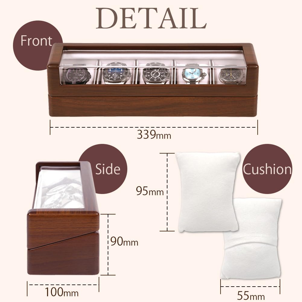 IGIMI Watch Wooden Watch Black Walnut Holds 5 with Brown Wood Grain Pattern Box, Case, Storage, Finish, Largo, Watches, Window,