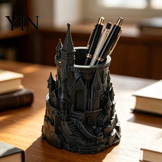 Unique Pen Stand Castle Shape Holder, 3D Printed Desk Organizer for Pens, Pencils, Carved Holder Makeup Brushes, Decorative Pencil Storage Cup