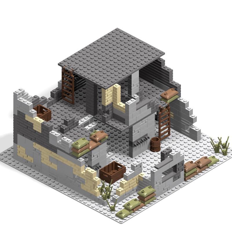 WW2 MOC Ruins Building Blocks Destroyed House War Scene Gunfight Guard Abandoned Construction Bricks Assemble Toys Boys Gift