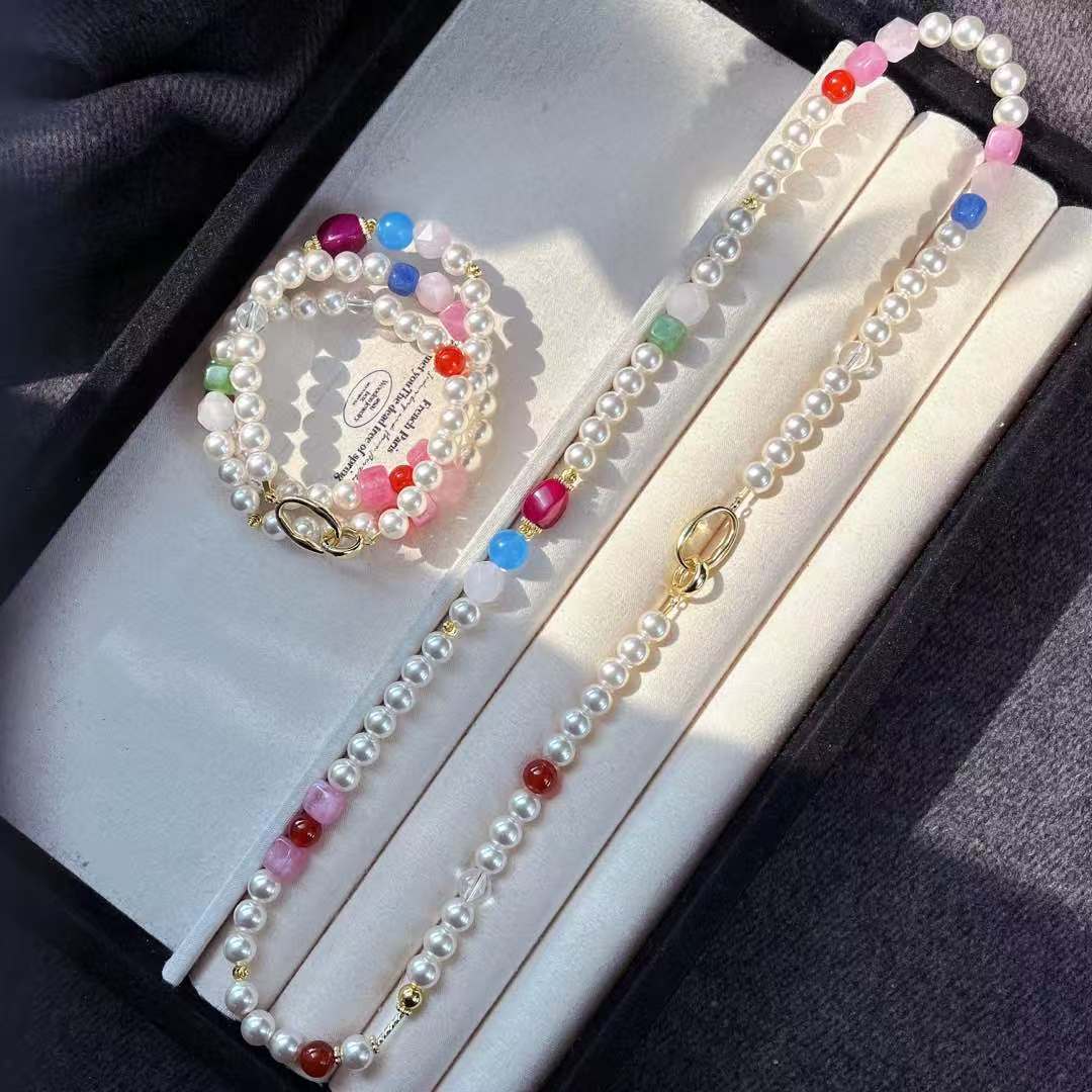 Vintage Design High-Gloss Artificial Crystal Pearl Natural Sugar Cube Agate Collarbone Chain Necklace