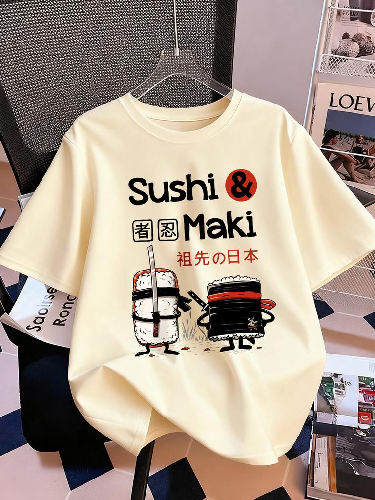 Japanese Sushi Maki Printing TShirts Womens Cotton Summer Short Sleeve Tops Soft Loose ONeck T Shirt Casual Womans Clothes