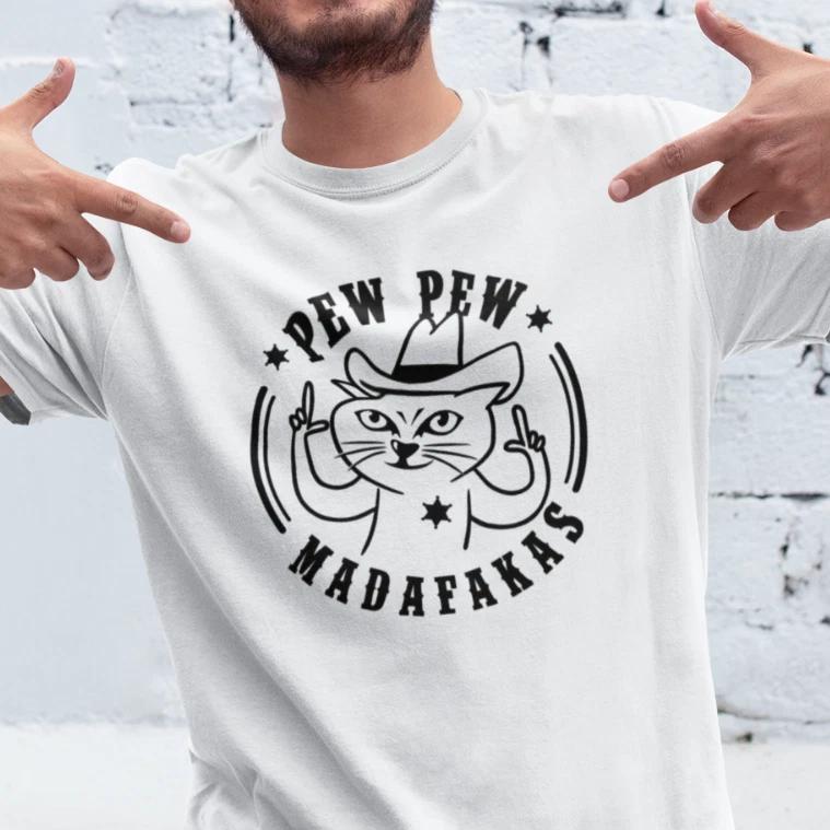 Men s and Women s T-shirts Pew Pew Madafakas Cat Kitty Guns Pistols Cartoon Funny Fun Sayings L