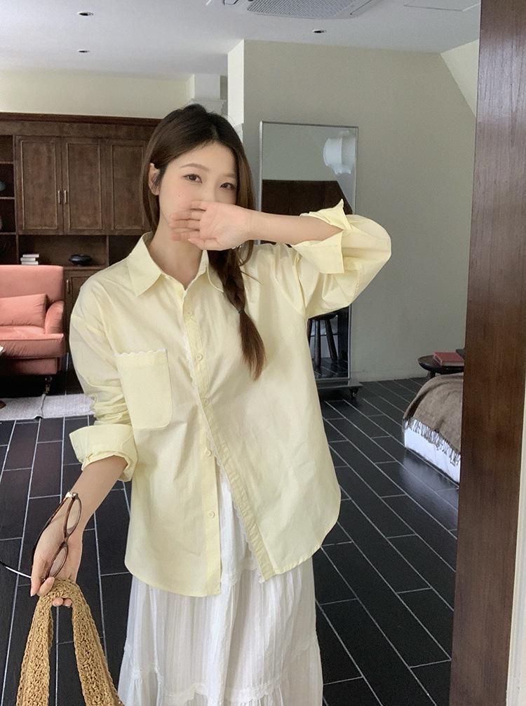 

Plus Size Women s Simple Lace Trim Sun Protection Loose Long Sleeve Shirt L жёлтый