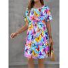 Women Dress Vintage Flower Print Pattern Design Sense Pattern Summer Elegant Women A-Line Dress Casual Short Sleeve Mini Dress