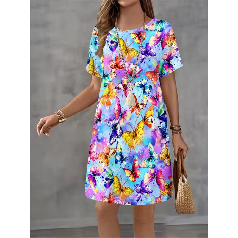 Women Dress Vintage Flower Print Pattern Design Sense Pattern Summer Elegant Women A-Line Dress Casual Short Sleeve Mini Dress