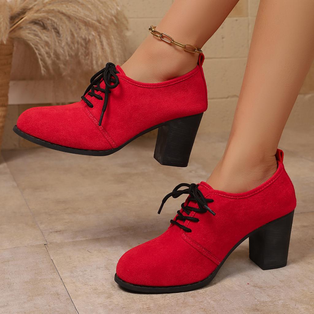 Elegant small leather shoes 22 trendy suede thick high heels autumn beautiful front lace-up Mary Jane shoes