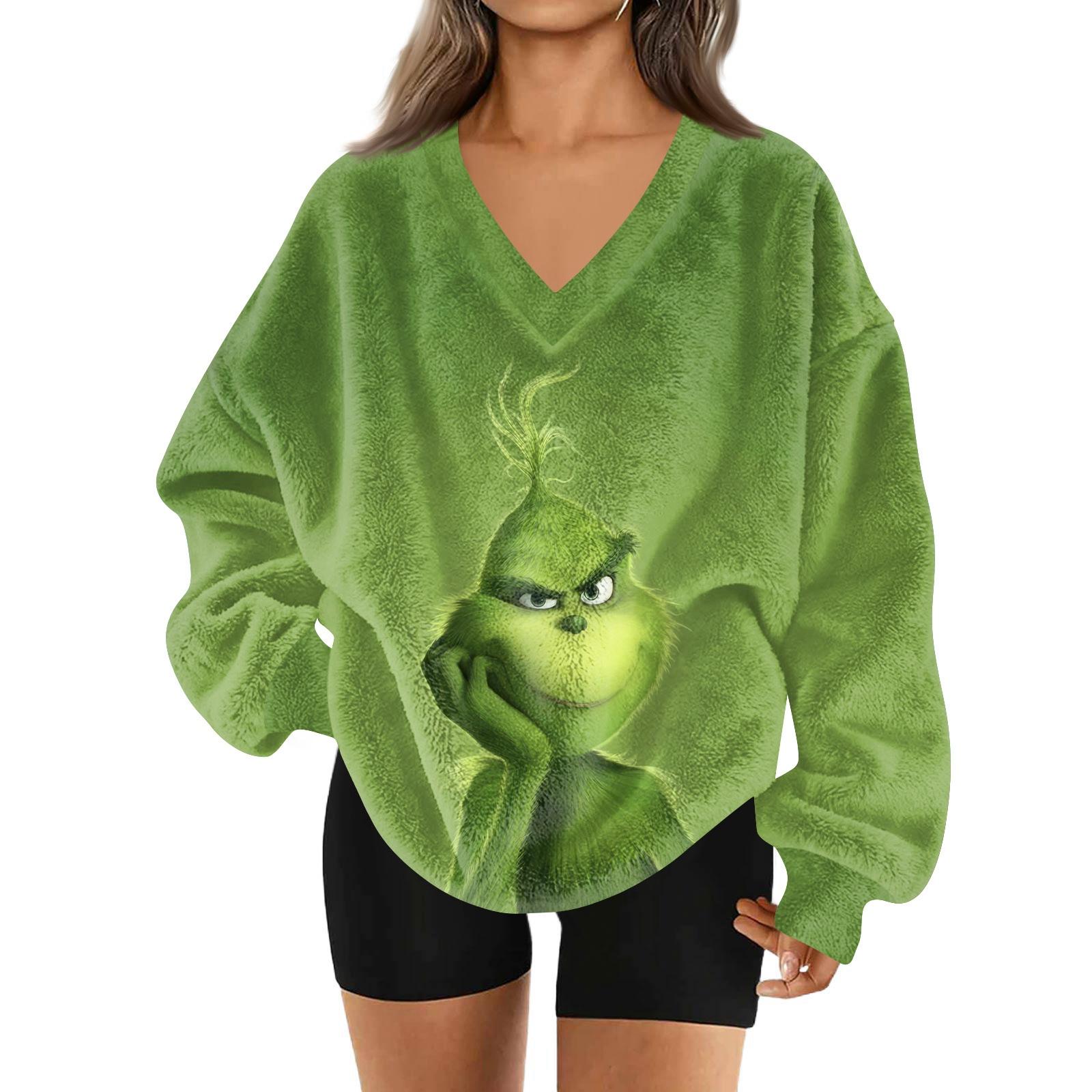 

Женский модный пуловер с V-образным вырезом, рождественским принтом, длинным рукавом, повседневный, плюшевый, теплый, с карманом, толстовка, топ L армия зеленый