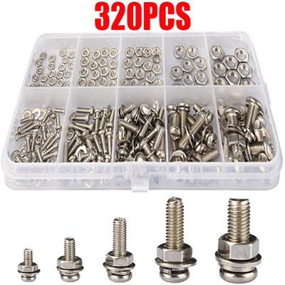 320Pcs Stainless Steel Screws Nuts Bolts Assortment Kit 2mm 2.5mm 3mm 4mm 5mm Cross Round Head Bolt Nut Washer Combination Kit