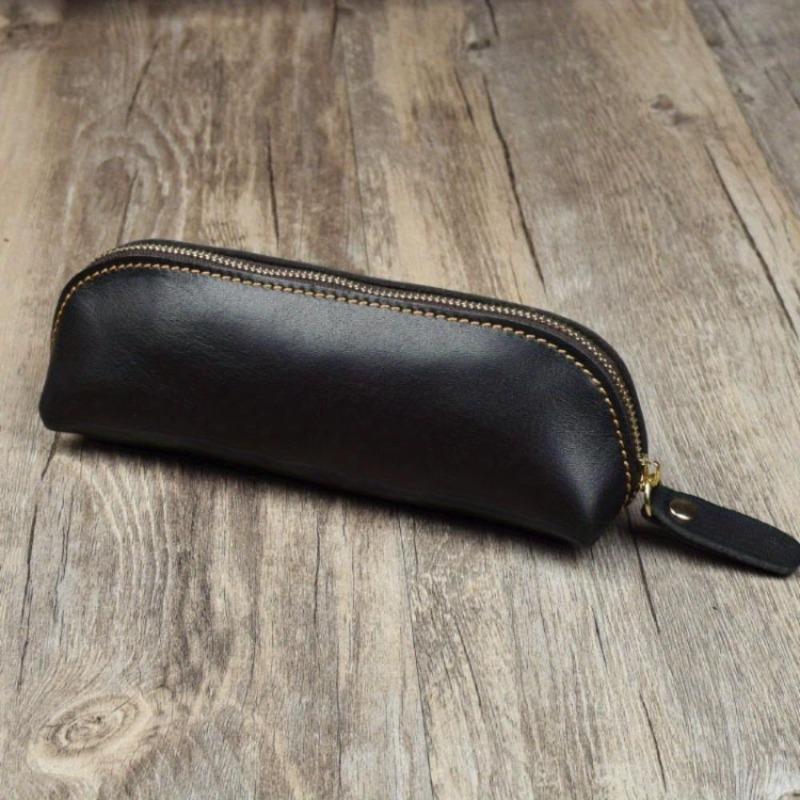 Vintage Leather Pencil Bag Simple Stationery Holder Pen Case Storage Bag Zipper Pencil Pouch Glasses Box School Supplies