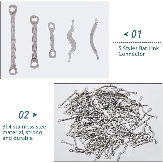 DICOSMETIC 150Pcs 5 Styles Bar Links Connectors Stainless Steel Twisted Bar Link Charms 10/15/20mm 2-Hole Stick Strip Connectors Earrings Connector