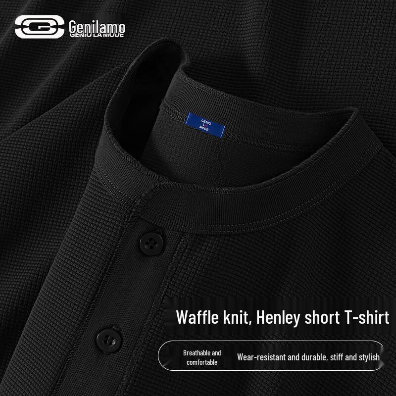 GENIOLAMODE Men s Waffle Knit Henley Long Sleeve T-Shirt M