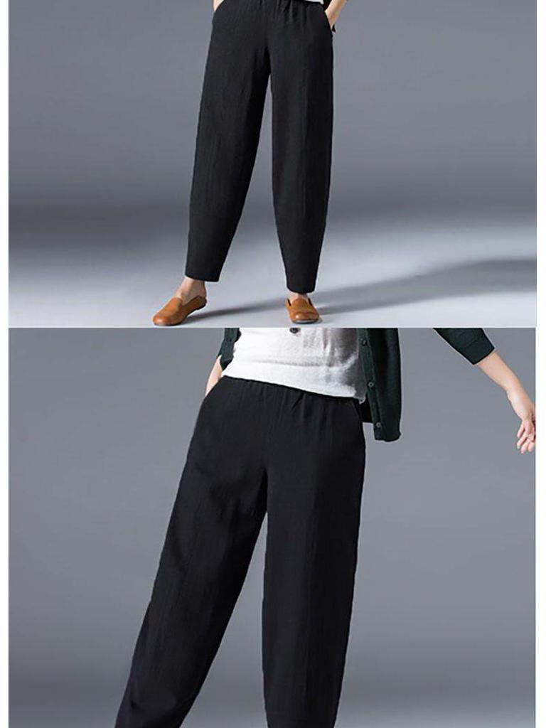 Damen Frühlings-Baumwoll-Leinen High Waist Schlankmachende Haremshose - Locker, Vielseitig, Große Größen Cropped Karottenstil