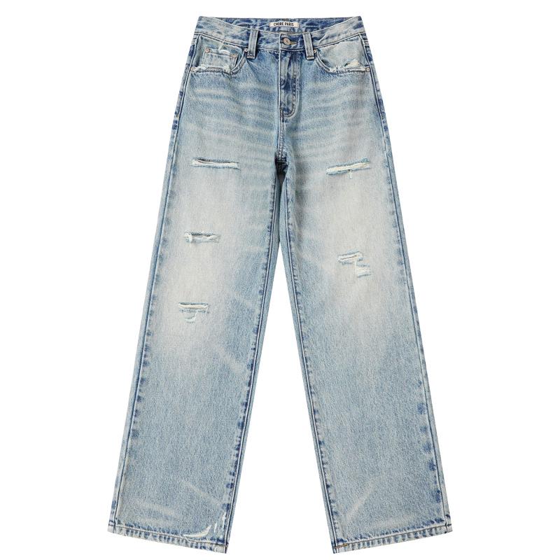 

Lin Rou Rou Distressed Ripped Washed Jeans - Spring Stylish Versatile Denim Pants L Length 106cm for 120-135lbs светло-синий