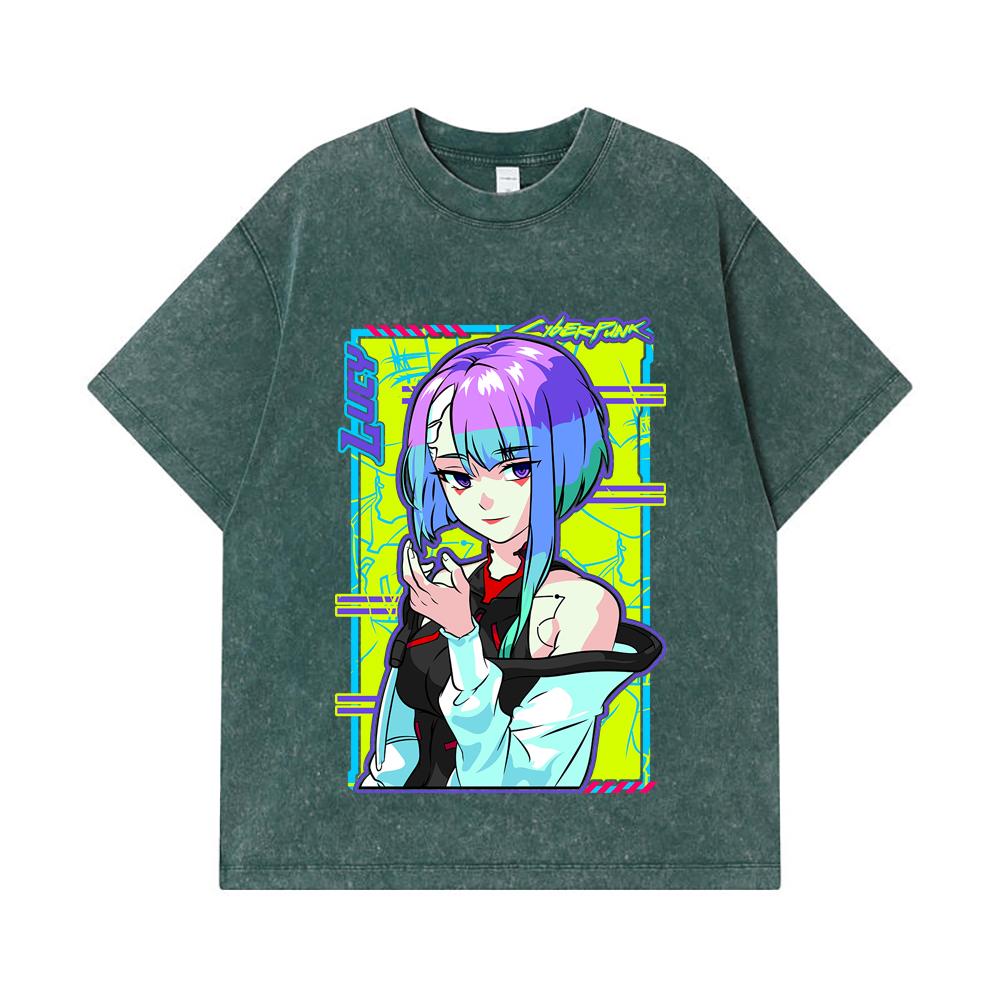 275 GSM Washed T-shirts 100% Cotton Cyberpunk Edgerunners V8 Lucy Print Unisex Heavy Cotton T Shirt