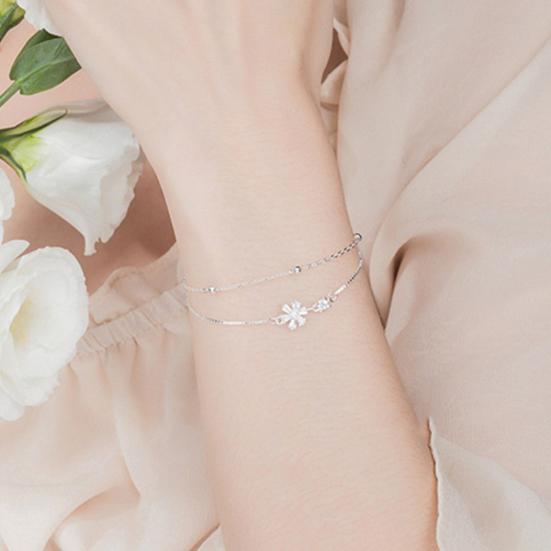 Women Bracelet Double-Layer Cherry Blossom Pendant Bracelet with Rhinestones Inlaid Hollow Design Adjustable Length Bracelet