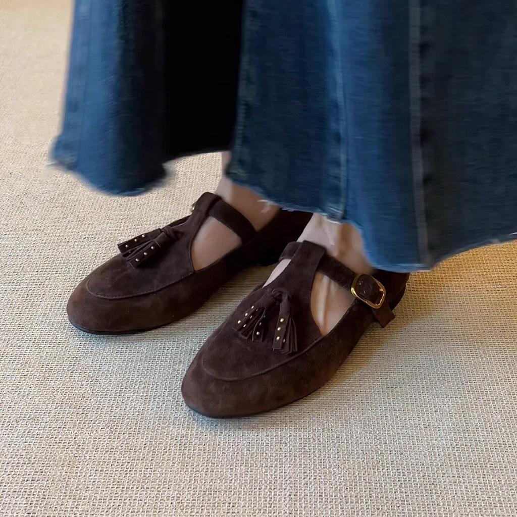 Sheepskin version~ Genuine leather literary and artistic flat bottom fringed round head rivets shallow mouth single shoes women's versatile co