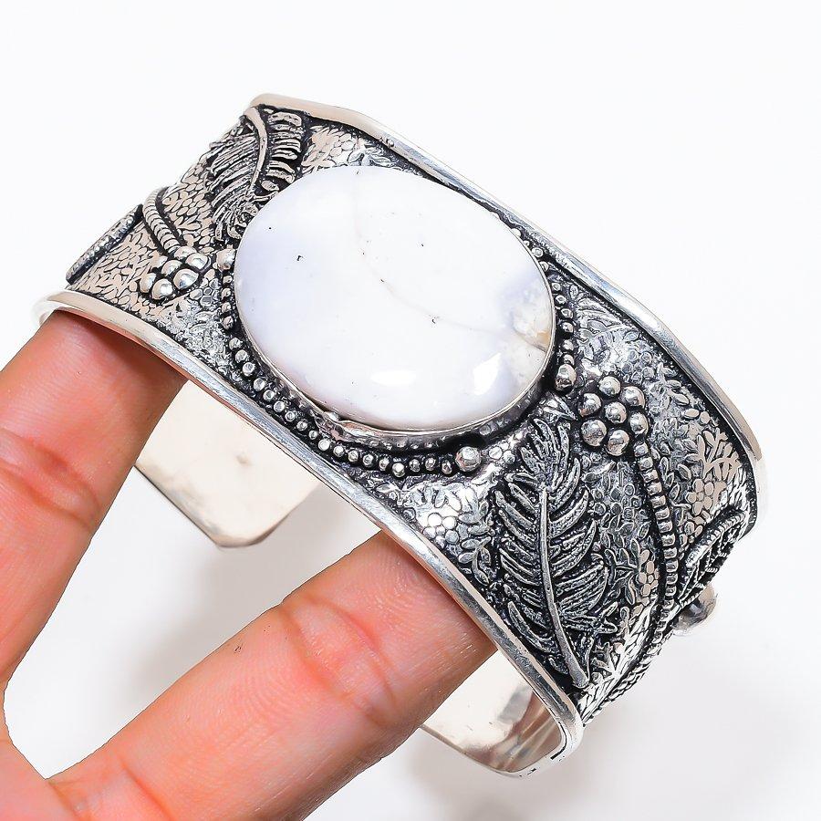 Natural Dendrite Opal Gemstone 925 Sterling Silver Cuff Bangle Adjustable AC-1418