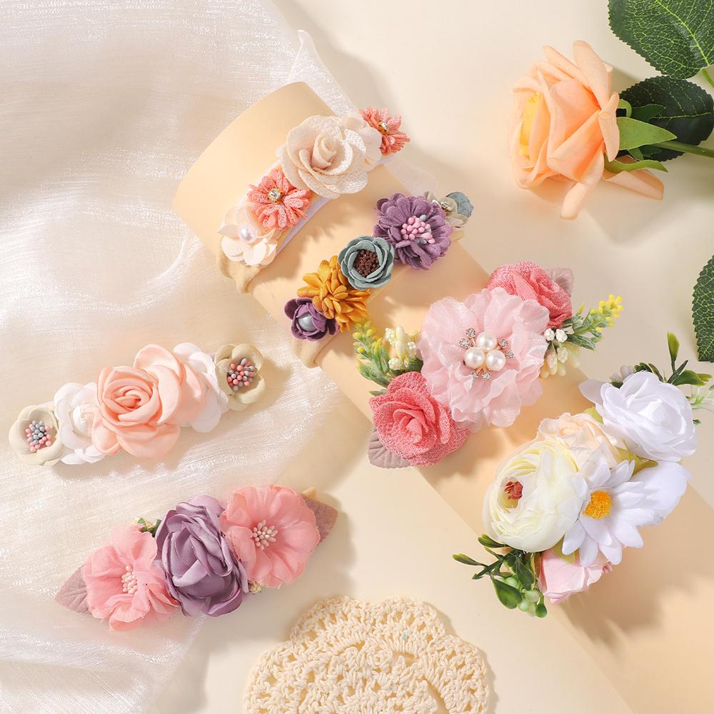3Pcs Artificial Flower Headband for Baby Girls Sweet Wedding Hair Band Set Floral Toddler Elastic Nylon Headwear Accessories