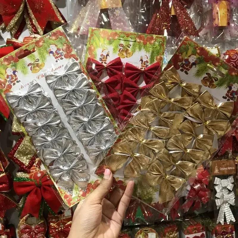 New Red Gold Silver Christmas Bowknots Cloth Tree Decoration Pendants Festival Supplies Xmas Ornament Decor