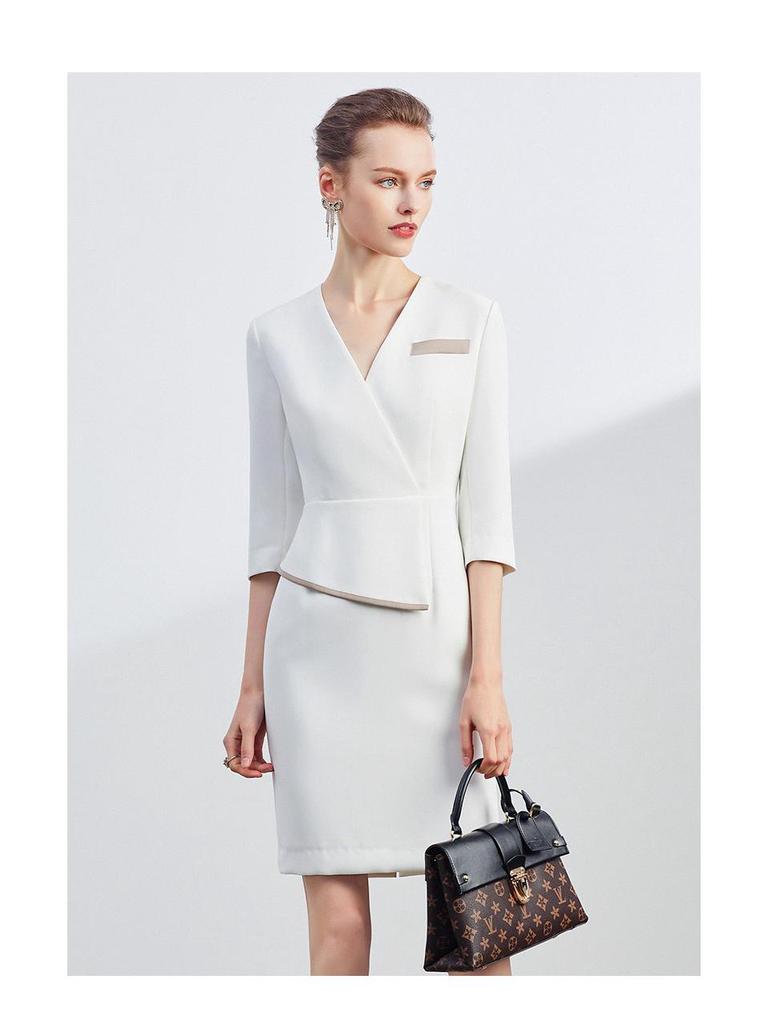 Formal Pleated V-Neck Slim Dress for Beauty Salon Receptionist