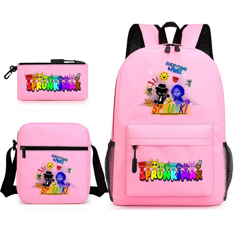 New Rhythm Box Student School Bag Three-piece Set, Casual Sprunki Backpack Crossbody Bag Pencil Bag