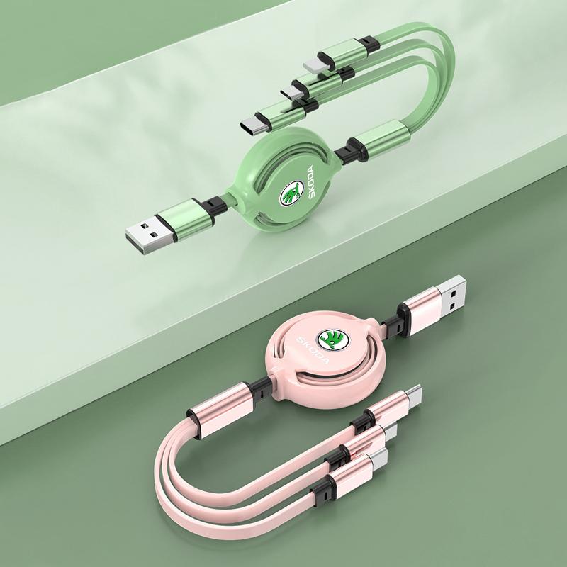 1Pcs Car Mounted Telescopic Three In One Mobile Phone Charger For Skoda Octavia Superb Rapid Kodiaq Karoq Fabia Kamiq Roomster Citigo