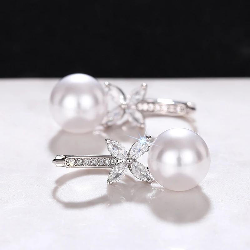 Huitan Graceful Imitation Pearl Drop Earrings Women Aesthetic Dazzling Cubic Zirconia Accessories Noble Charms Wedding