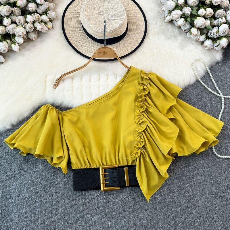 INS Collarbone Silm Irregular High Waist Tops Shirt