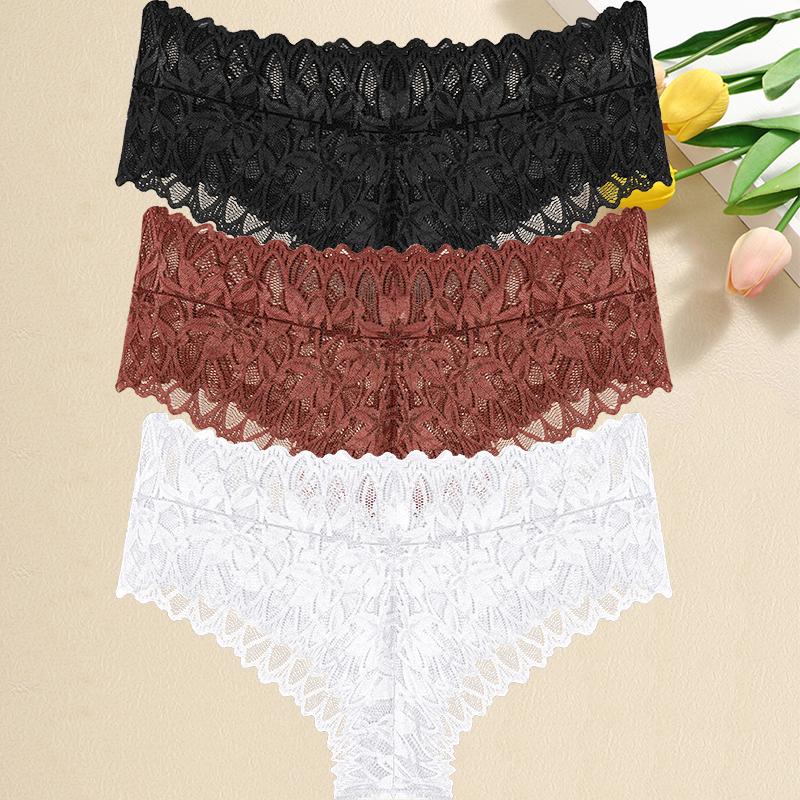 3PCS/Set Women Floral Lace Panties Sexy Perspective G-String High Waist Underpants Female Breathable Intimates Lingerie
