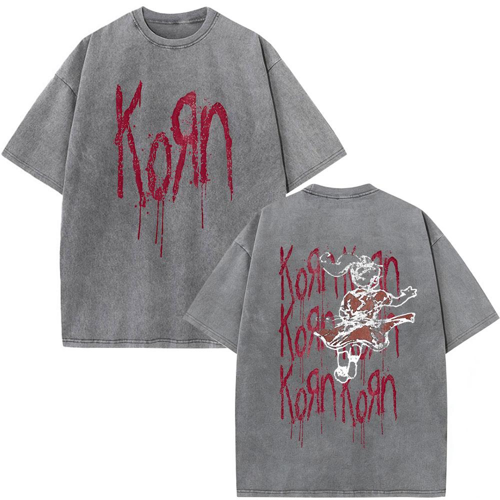 Korn Europe Tour Vintage Washed T Shirt Fan Gifts Metal Gothic Rock Band Tshirts Mens Clothing Casual Short Sleeve Tshirt