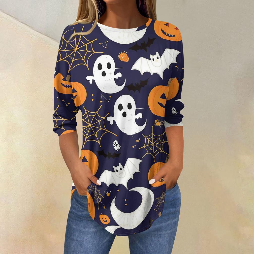 Women's Halloween Floral Print Three-Quarter Sleeve Neck T-Shirt