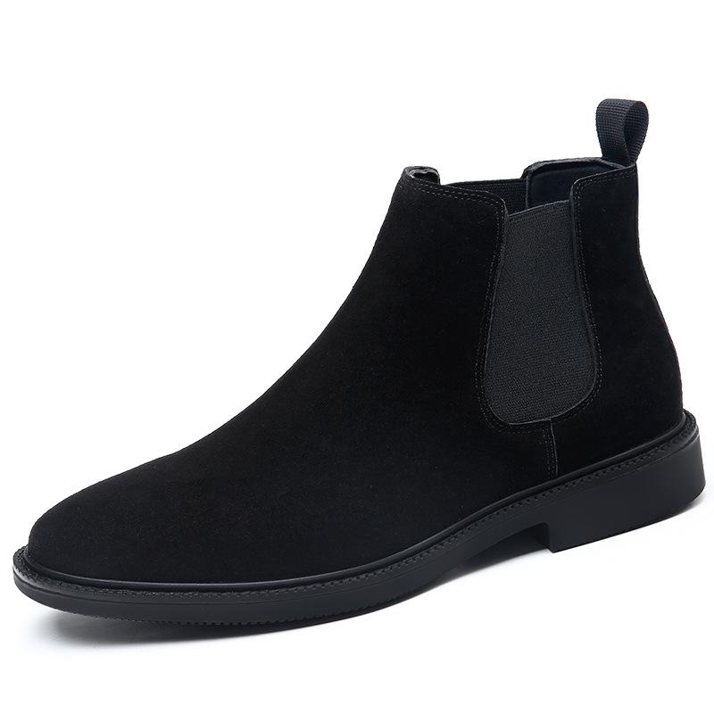 Black Suede Shoes Men's Chelsea Boots Winter Casual Genuine Leather Ankle Boots Mens Pointed Toe Short Boots Men High-top Shoes