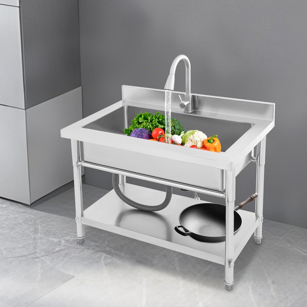 Freestanding Stainless Steel Utility Sink with Pull-Out Sprayer Faucet, Modern Single Bowl Workstation Sink for Laundry Garage