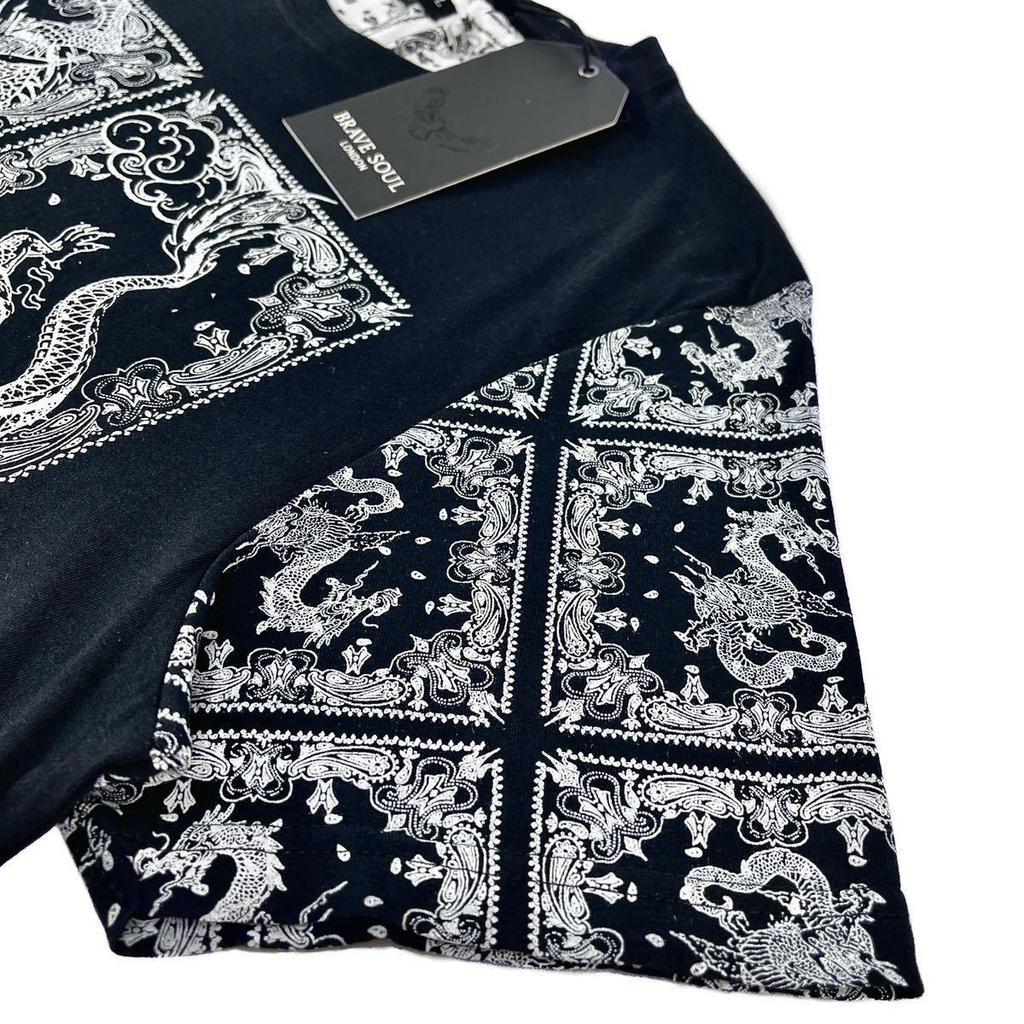 Used New BRAVE SOUL Paisley Panel Bandana Print Oriental Dragon Monochrome T-shirt UK Street M Size