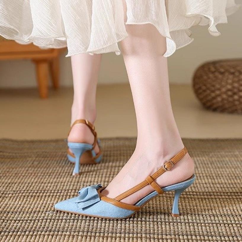 Fashion Sling Women's Shoes Pointed Toe Heels Denim Bow Sandals Women Slingback Dress Party Fashion Heeled Sandals Summer Pumps Slides