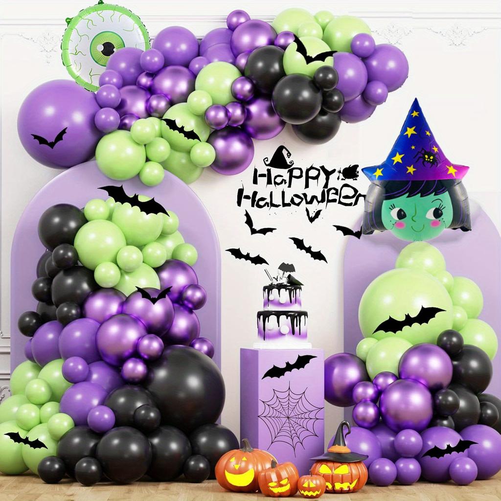 127Pcs Halloween Balloon Arch Set with Witch Shape and Green Eyes Aluminum Foil Balloons Suitable for Halloween Party Decoration