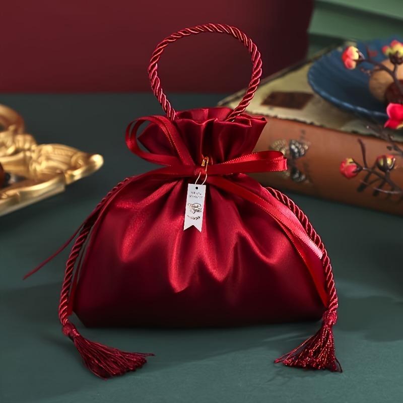 10pcs Red Drawstring Bags for Candies Featuring Pearls and Tassels for Wedding Birthdays Holiday Parties Banquets Gift Packaging