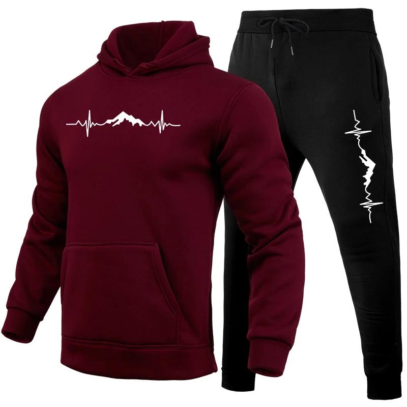 Sportswear 2pcs Set Women Hoodies Black Sweatpants Mountain Print Tracksuit Women's Daily Casual Sports Hooded Jogging Suits