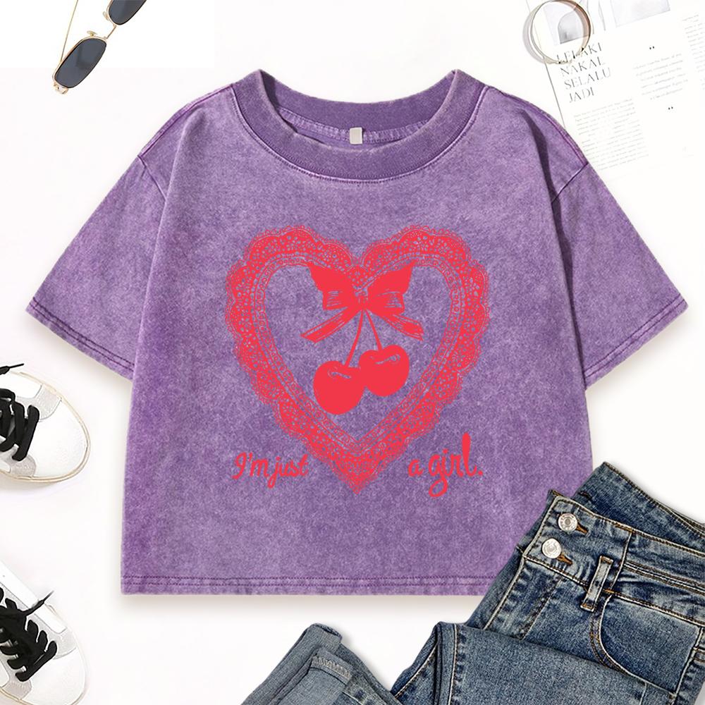 I'M Just A Gril Love Cherry Print Washed Crop T-Shirts Women Vintage Cotton Top Street Clothes Slim Summer T Shirts