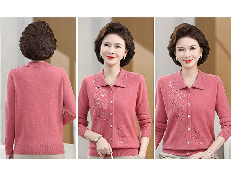 Luxury 100% Pure Wool Embroidered Cardigan for Mothers and Grandmothers - Mid-aged & Elderly Women's Lapel Sweater
