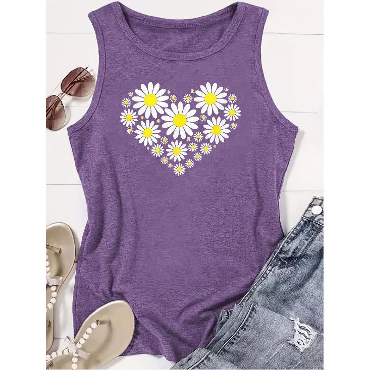 Elegant Vest for Women Daisy Heart Print Casual Loose Summer Vest Fashionable and Elegant Tops for Commuting, Vacation, and Everyday Wear, Available