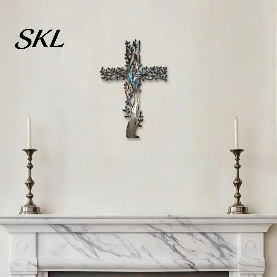 Layered Tree Wall Sculpture Metal Cross Art, of Life Hanging Crosses 3D Branch Art Decor, for Garden Living Room Bedroom Rustic Decoration